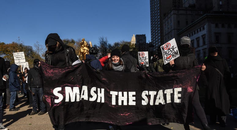 Protesters from various anti-fascist groups rally against the Proud Boys on November 16, 2019 in New York City. Antifa Proud Boys Trump Tower