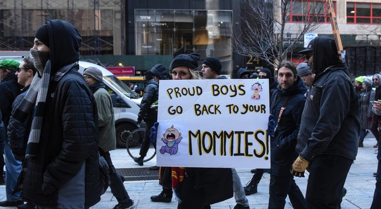 Protesters from various anti-fascist groups rally against the Proud Boys on November 16, 2019 in New York City. Antifa Proud Boys Trump Tower