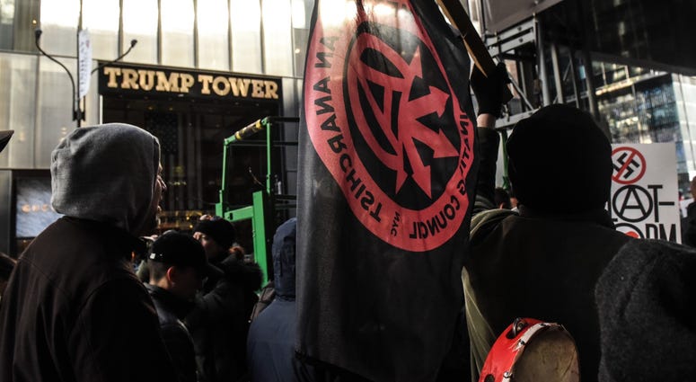 Protesters from various anti-fascist groups rally against the Proud Boys on November 16, 2019 in New York City. Antifa Proud Boys Trump Tower