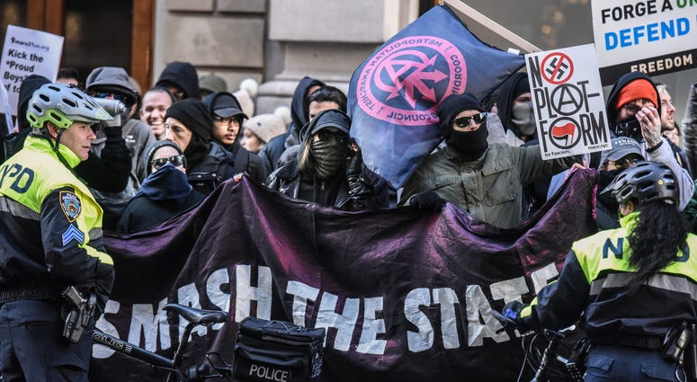 Protesters from various anti-fascist groups rally against the Proud Boys on November 16, 2019 in New York City. Antifa Proud Boys Trump Tower