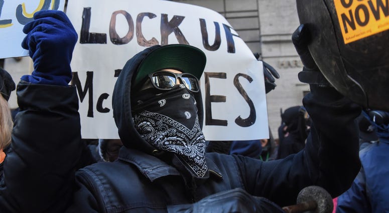 Protesters from various anti-fascist groups rally against the Proud Boys on November 16, 2019 in New York City. Antifa Proud Boys Trump Tower