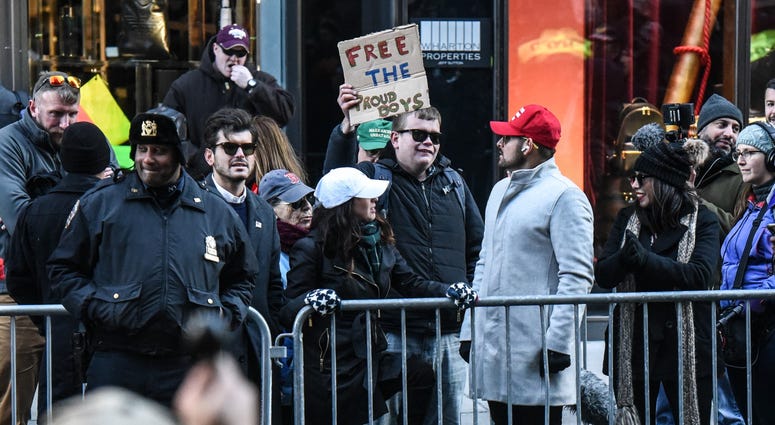 Protesters from various anti-fascist groups rally against the Proud Boys on November 16, 2019 in New York City. Antifa Proud Boys Trump Tower