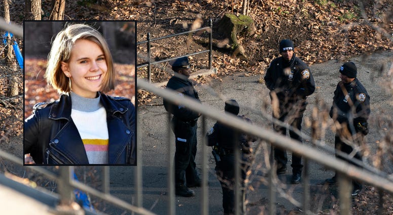 NYPD officers patrol the entrance of Morningside Park on December 12, 2019 in New York City. Tessa Majors