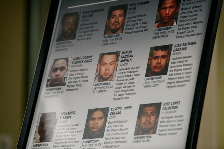 A poster with the names and alleged crimes of undocumented persons sought by Immigration and Customs Enforcement is displayed at a press conference on January 17, 2020 in New York City. ICE NYC