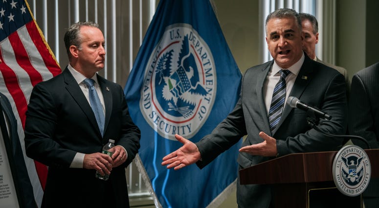 New York Sergeants Benevolent Association Vice President Vincent Vallelong speaks in support of Immigration and Customs Enforcement Acting Director Matthew Albence at a press conference on January 17, 2020 in New York City. ICE NYC