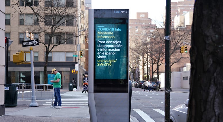 LinkNYC box gives COVID-19 Info in Spanish as the coronavirus continues to spread across the United States on March 20, 2020 in New York City. Coronavirus NYC