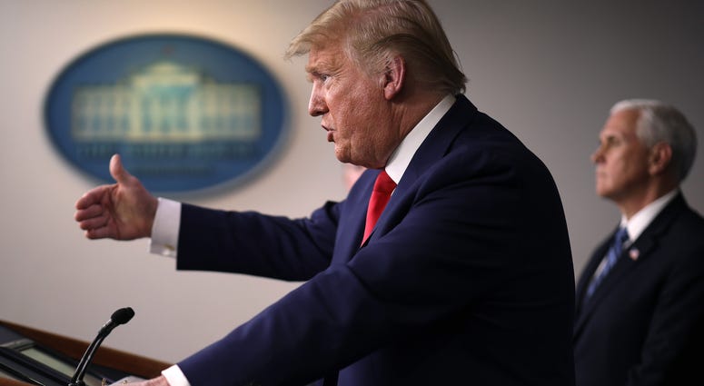 U.S. President Donald Trump speaks in the press briefing room with members of the White House Coronavirus Task Force April 3, 2020 in Washington, DC. Donald Trump