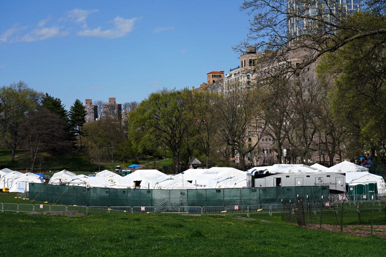 A view of a field hospital in Central Park on the East Meadow lawn during the coronavirus pandemic on April 15, 2020 in New York City. Coronavirus NYC field hospital Central Park