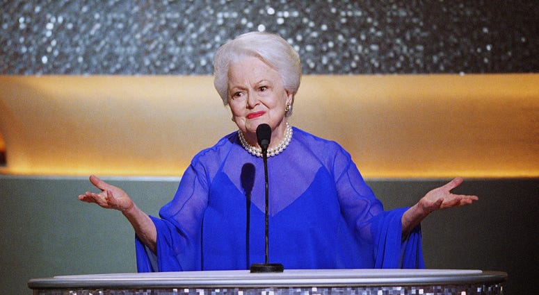 Former Best Actress Oscar winner Olivia de Havilland (To Each His Own, 1946) introduces other former winners in acting categories for a group presentation during the 75th Annual Academy Awards at the Kodak Theater on March 23, 2003 in Hollywood, Californi Olivia de Havilland