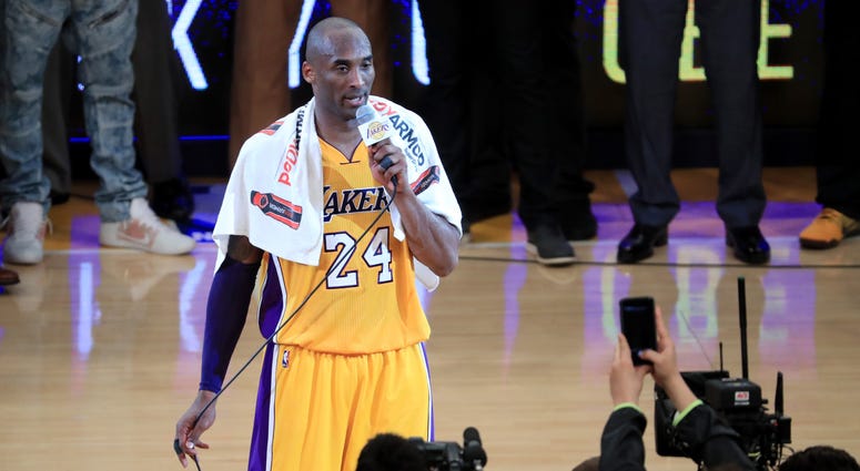 APRIL 13: Kobe Bryant #24 of the Los Angeles Lakers addresses the crowd after scoring 60 points in his final NBA game at Staples Center on April 13, 2016 in Los Angeles, California. The Lakers defeated the Utah Jazz 101-96. APRIL 13: Kobe Bryant #24 of the Los Angeles Lakers addresses the crowd after scoring 60 points in his final NBA game at Staples Center on April 13, 2016 in Los Angeles, California. The Lakers defeated the Utah Jazz 101-96.