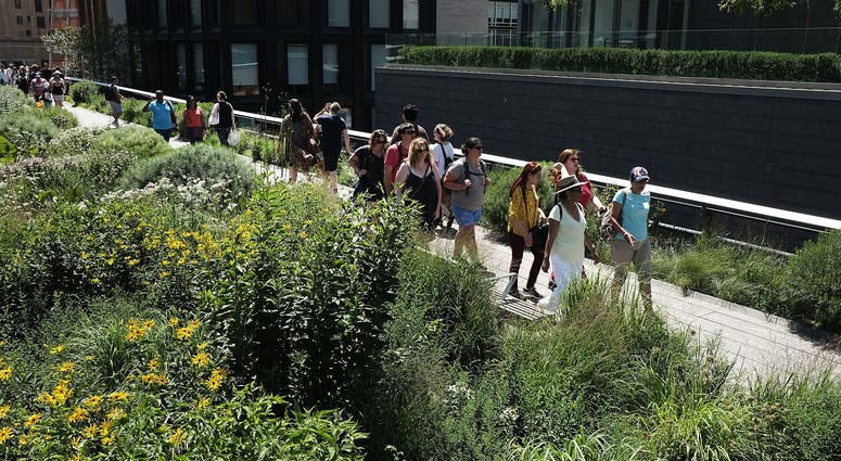 Tourists and locals alike walk along the High Line, an old rail line that was converted to an elevated park and greenway on a warm July day on on July 9, 2018 in New York City. High Line