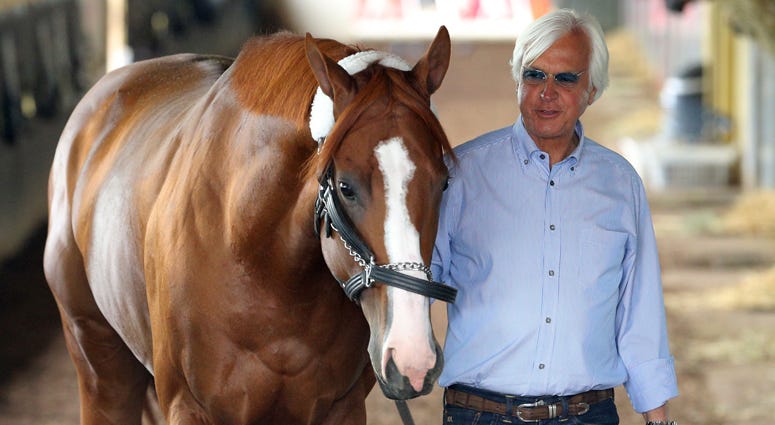 Jun 6, 2018; Elmont, NY, USA; Triple crown contender Justify is walked around the barn by trainer Bob Baffert after arriving at Belmont Park. Jun 6, 2018; Elmont, NY, USA; Triple crown contender Justify is walked around the barn by trainer Bob Baffert after arriving at Belmont Park.