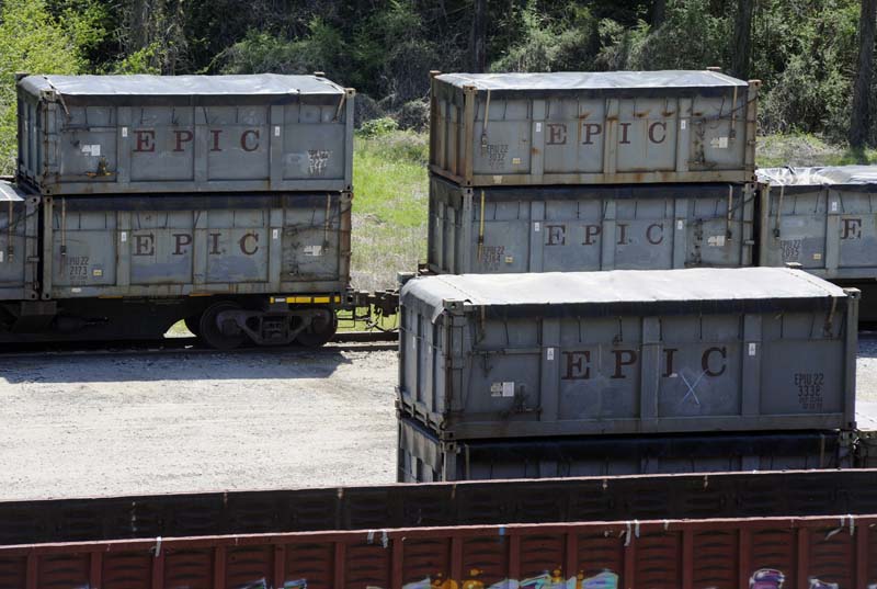This April 12, 2018 photo shows containers that were loaded with tons of sewage sludge in Parrish, Ala. More than two months after the so-called "Poop Train" rolled in from New York City, This April 12, 2018 photo shows containers that were loaded with tons of sewage sludge in Parrish, Ala. More than two months after the so-called "Poop Train" rolled in from New York City,