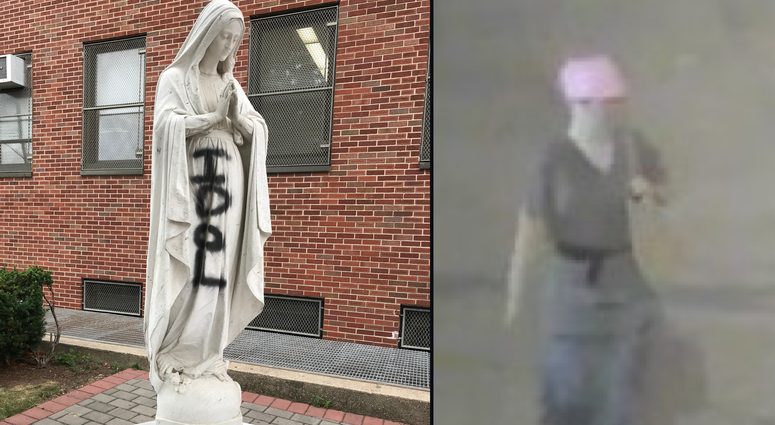 The vandalized Virgin Mary statue. Statue Virgin Mary