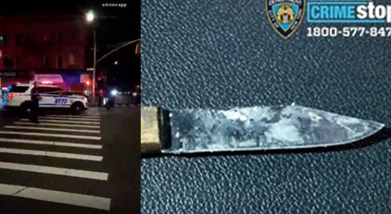 The scene and a knife allegedly used by the suspect. NYPD officer shoots woman