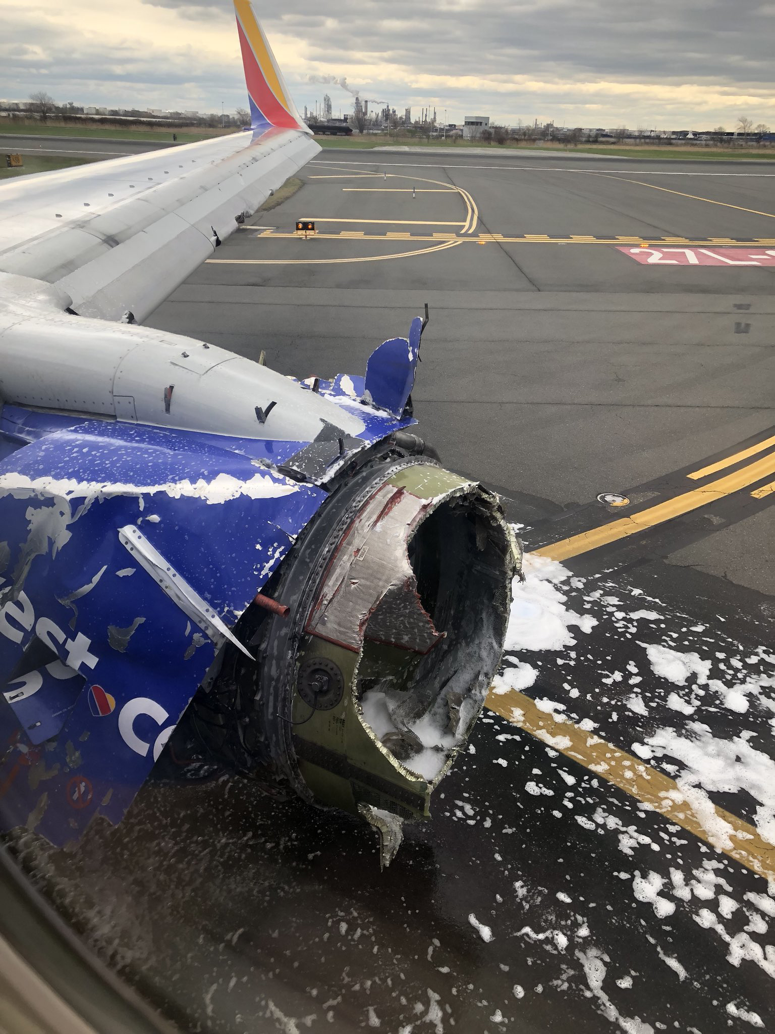 Apr 17, 2018; Philadelphia, PA, USA; Photo from a Twitter post by Joe Marcus (@joeasaprap) on April 17, 2018 showing what appears to be the damaged engine on a Southwest Airlines airplane with a caption reading: \"What a flight! Made it!! Still here!! Apr 17, 2018; Philadelphia, PA, USA; Photo from a Twitter post by Joe Marcus (@joeasaprap) on April 17, 2018 showing what appears to be the damaged engine on a Southwest Airlines airplane with a caption reading: \"What a flight! Made it!! Still here!!