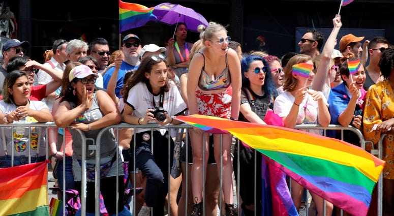 People line the parade route. NYC Pride