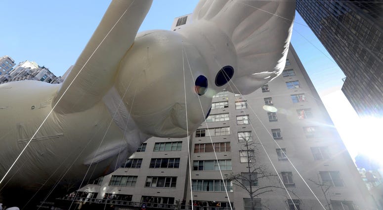 The Pillsbury Doughboy balloon makes its way down 6th Ave. in Manhattan during the annual Macy's Thanksgiving Day Parade Nov. 22, 2018. Thanksgiving Parade