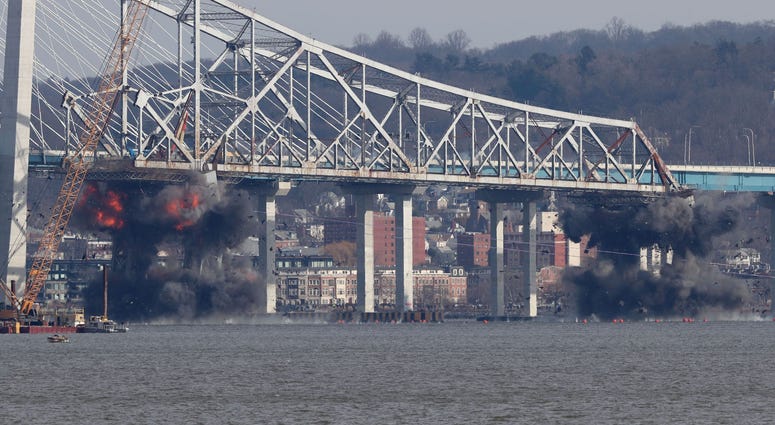 Demolition of the eastern structure of the Tappan Zee Bridge is taken down with controlled explosives on Tuesday, January 15, 2019. Tappan Zee Demolition