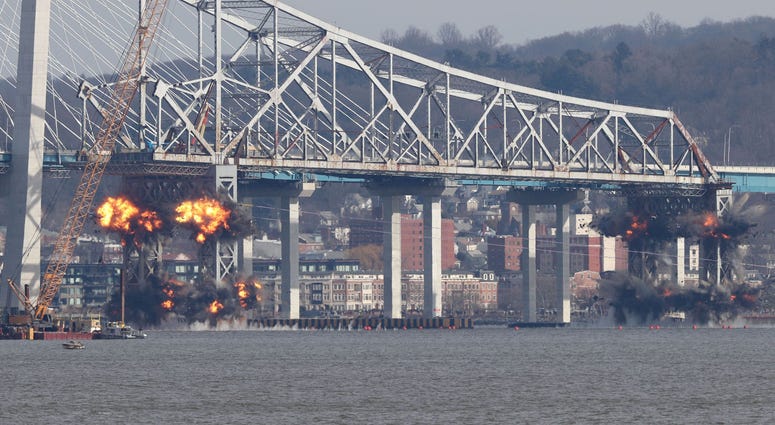 Demolition of the eastern structure of the Tappan Zee Bridge is taken down with controlled explosives on Tuesday, January 15, 2019. Tappan Zee Demolition