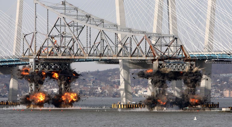 The eastern portion of the Tappan Zee Bridge is imploded with explosive devices Jan. 15, 2019 as seen from Tarrytown. Tappan Zee Bridge