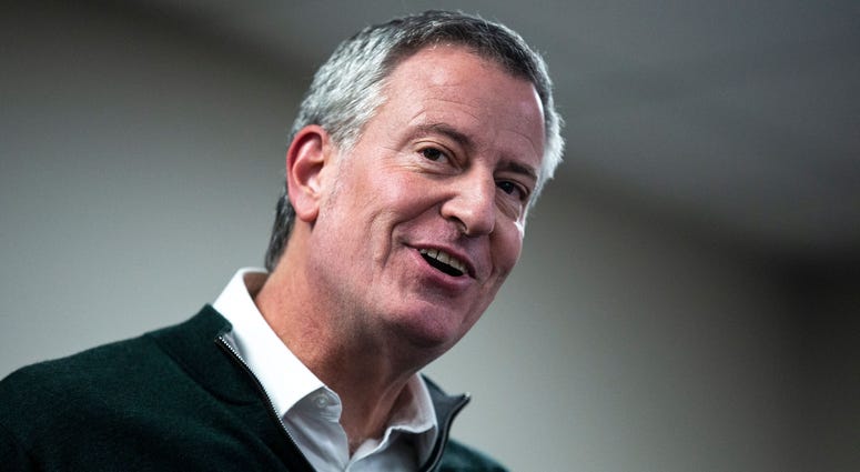 New York City Mayor Bill de Blasio, who is considering a run for president, addresses a gathering of people during a meet and greet event hosted by the Asian & Latino Coalition on Sunday, Feb. 24, 2019, in Des Moines. Bill de Blasio