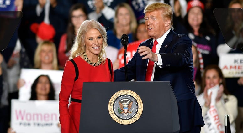 Kellyanne Conway speaks to the audience during a rally that President Donald Trump hosted at the Wildwood Convention Center, Tuesday, Jan. 28, 2020. Kellyanne Conway