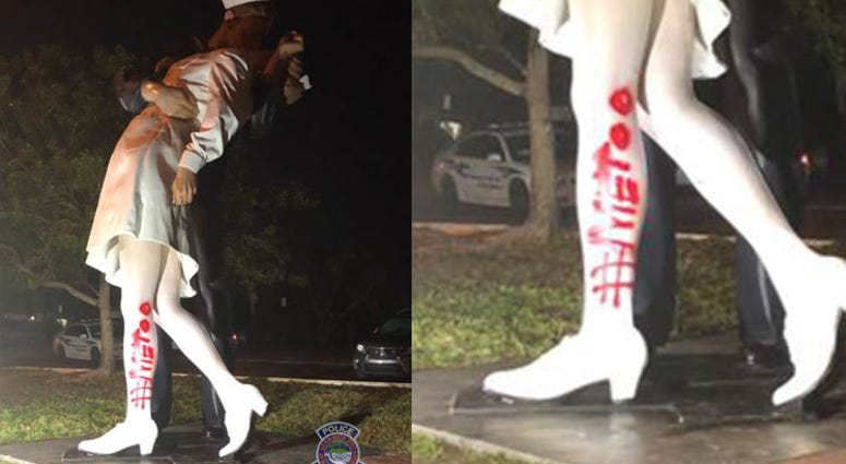 An 'Unconditional Surrender' statue in Sarasota, Florida was found vandalised on Tuesday morning. Unconditional Surrender vandalised