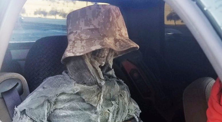 This Thursday, Jan. 23, 2020, photo provided by the Arizona Department of Public Safety shows a dummy skeleton found after a State Trooper traffic stop of a 62-year-old man for an HOV lane violation in Phoenix. Skeleton HOV