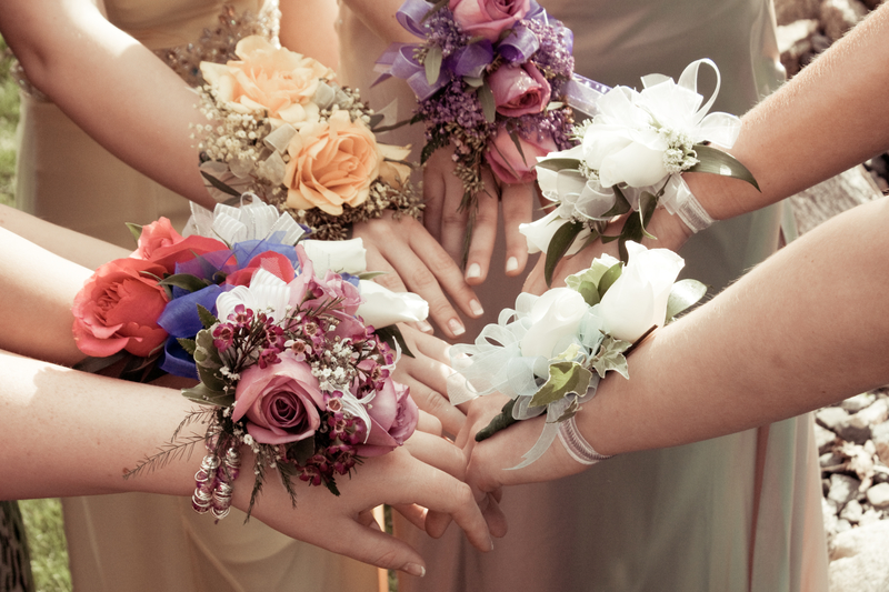 Girls showing off their flower wrist corsages before the prom Girls showing off their flower wrist corsages before the prom