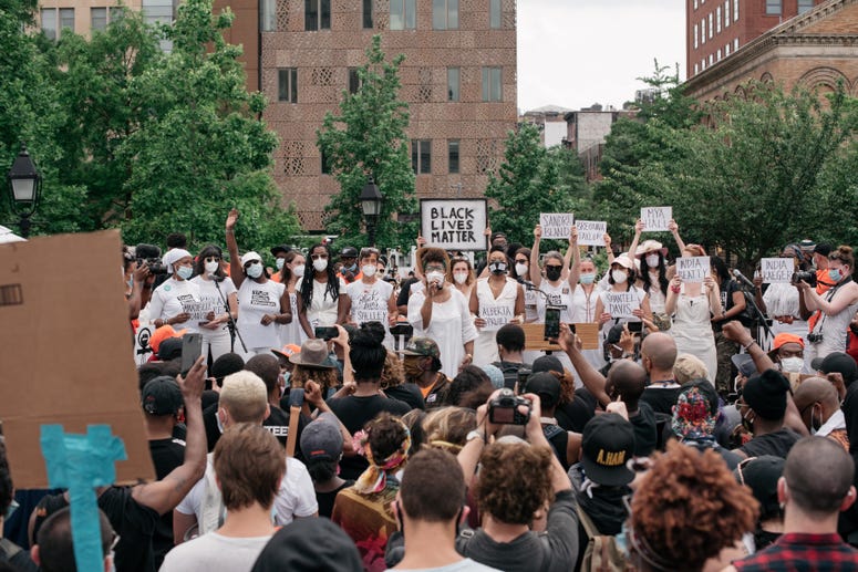 Demonstrators denouncing systemic racism and the police killings of black Americans rally in Washington Square Park in the borough of Manhattan on June 6, 2020 in New York City. NYC Protest