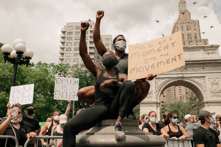 Demonstrators denouncing systemic racism and the police killings of black Americans rally in Washington Square Park in the borough of Manhattan on June 6, 2020 in New York City. protest nyc