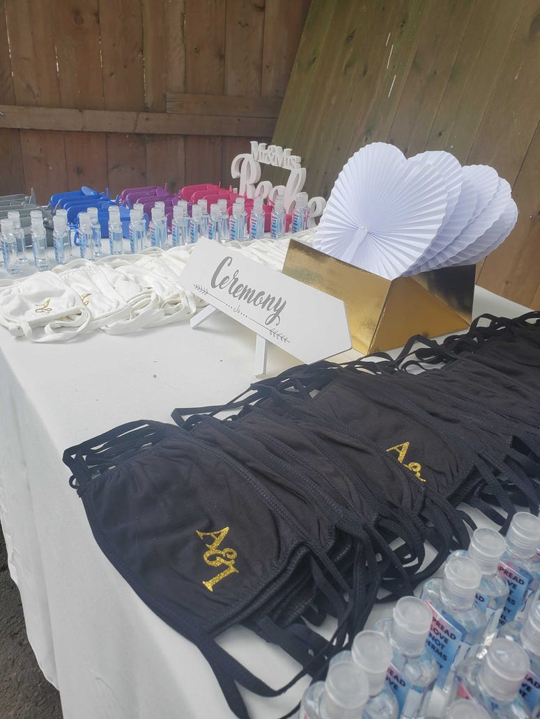 Masks and hand sanitizer for guests of the wedding. Ashley Isaacs and Israel Reches