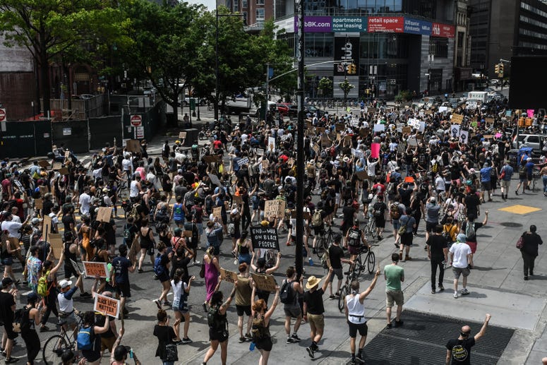 Demonstrators march in support of the Black Lives Matter Movement down Broadway on June 6, 2020 in New York City. nyc protest