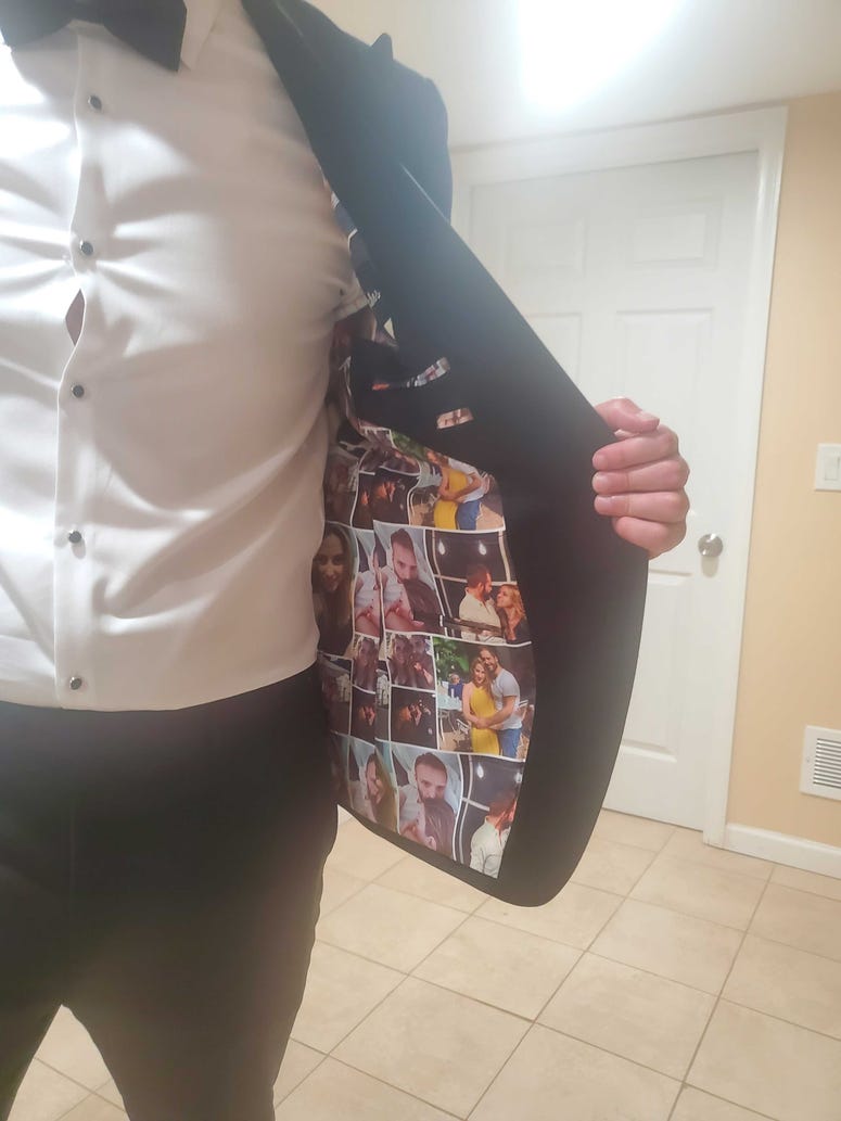 Israel Reches showing off his custom tuxedo. Ashley Isaacs and Israel Reches