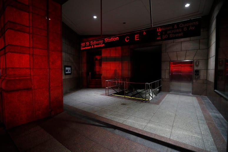 A subway station is in the dark during a widespread power outage, Saturday, July 13, 2019, in New York. NYC Blackout AP