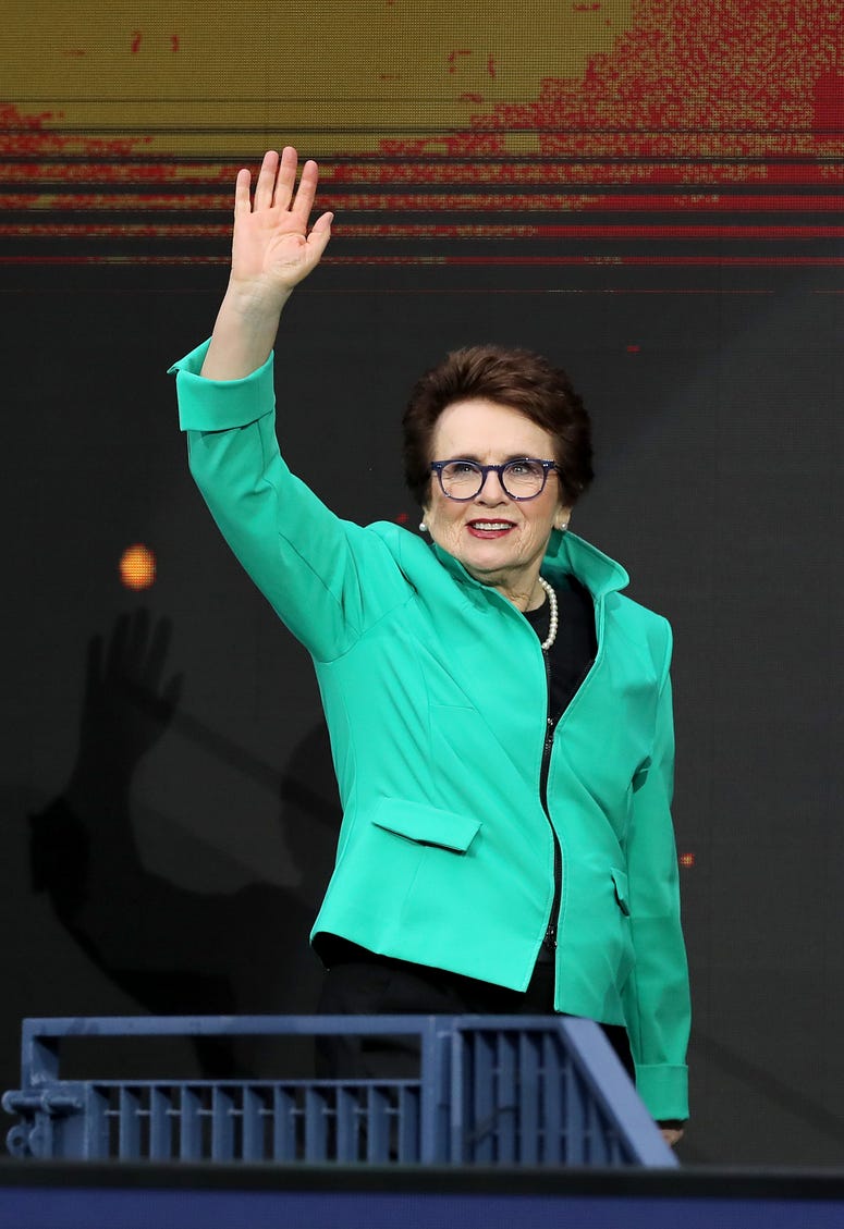 Billie Jean King waves during the opening night ceremony at Arthur Ashe Stadium on day one of the 2019 US Open at the USTA Billie Jean King National Tennis Center on August 26, 2019 Elsa/Getty Images