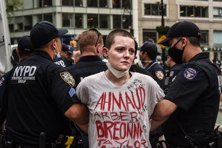 protesters is detained by police during a rally against the death of Minneapolis, Minnesota man George Floyd at the hands of police on May 28, 2020 in Union Square in New York City. NYC protest