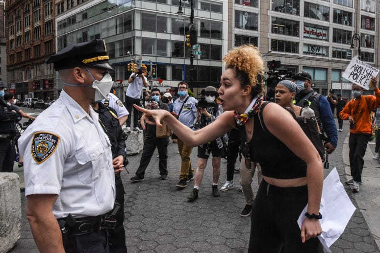 Protesters clash with police during a rally against the death of Minneapolis, Minnesota man George Floyd at the hands of police on May 28, 2020 in Union Square in New York City. NYC protest