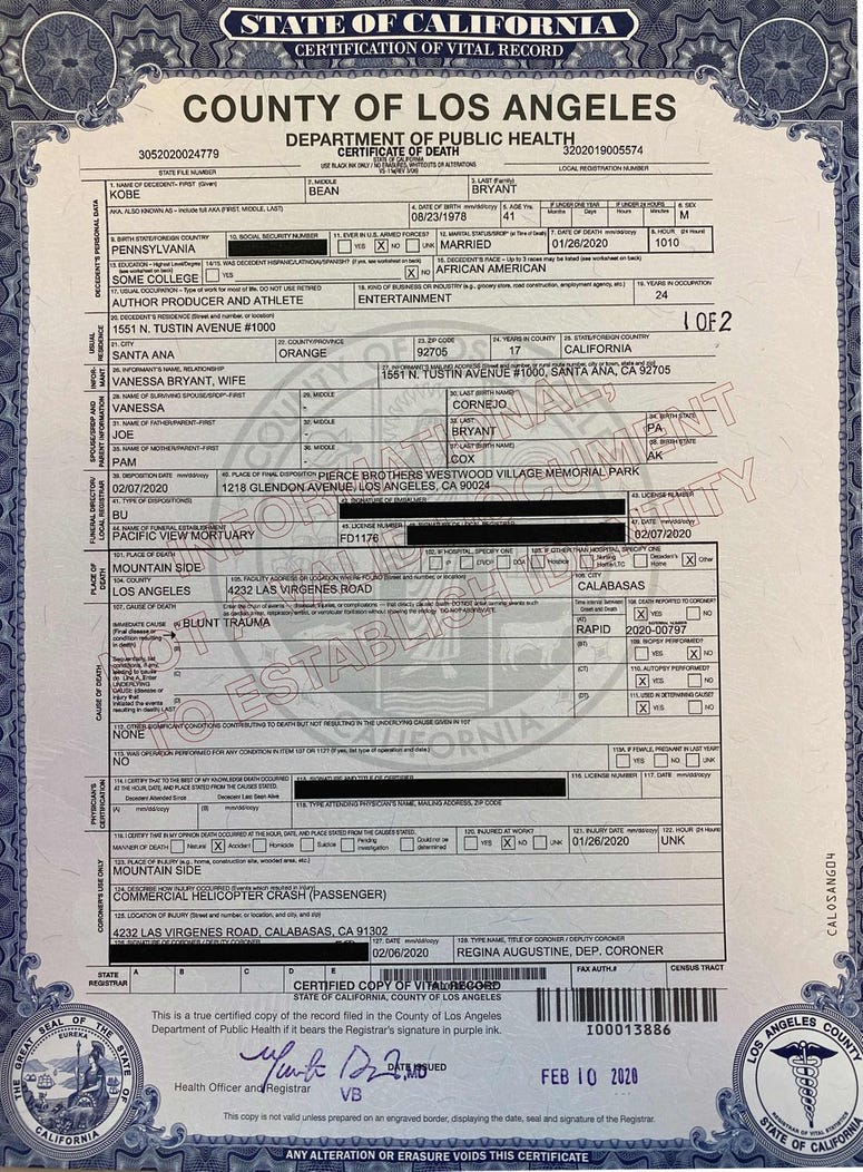 Kobe Bryant Death Certificate