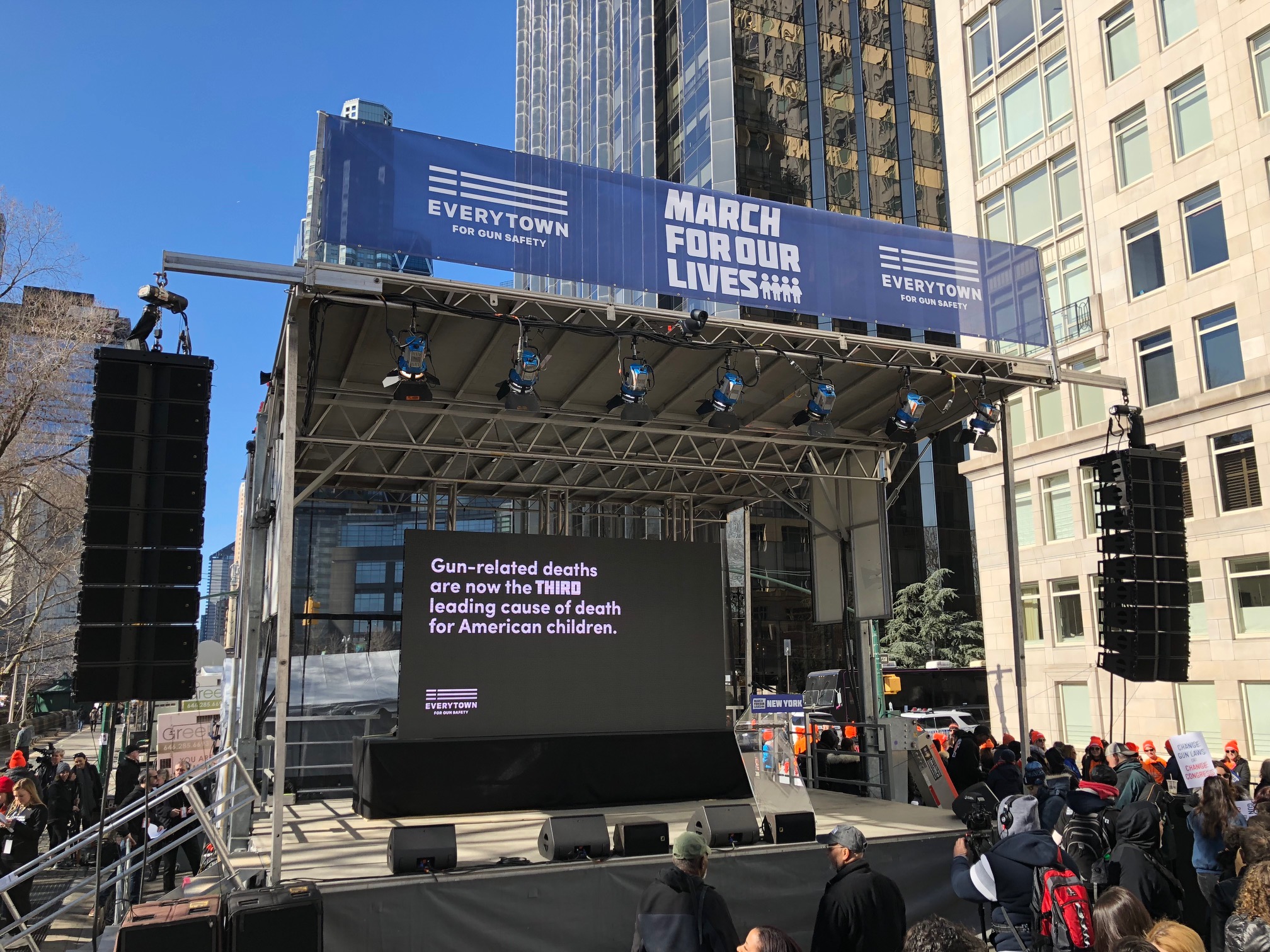 A stage erected for the 'March For Our Lives' rally in New York City. A stage erected for the 'March For Our Lives' rally in New York City.