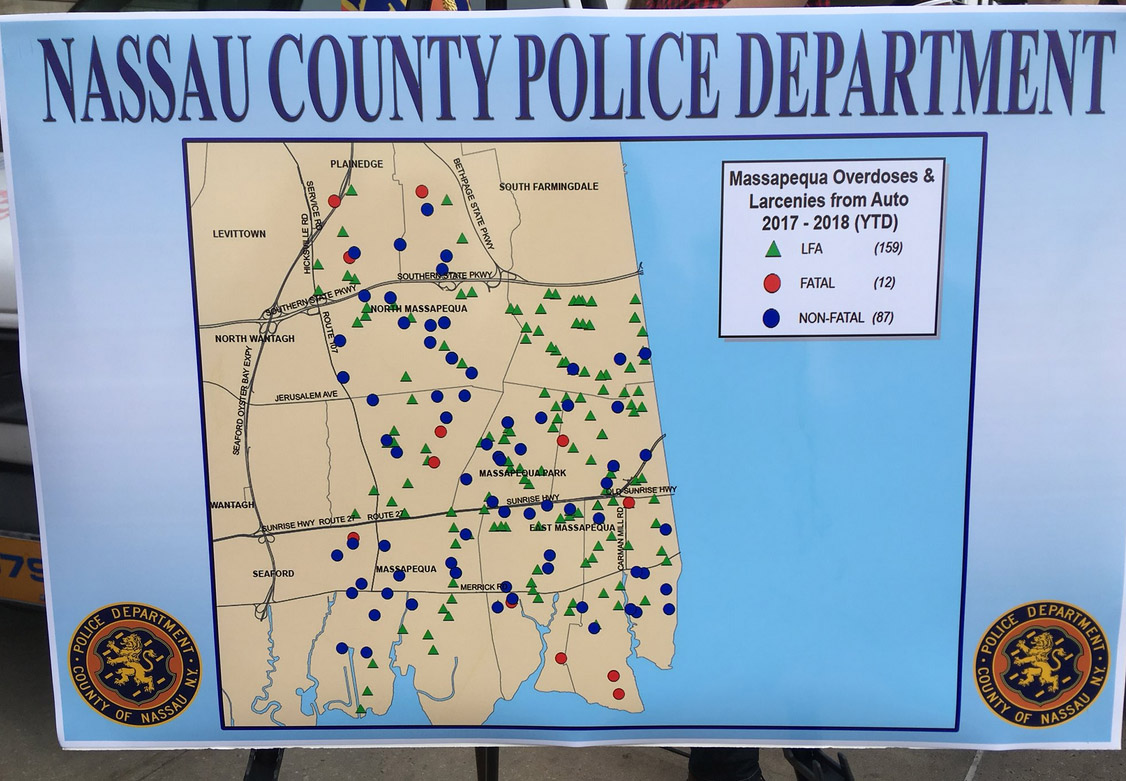 Nassau County Police are turning to a mapping system to aid their fight against drug dealing and overdoses. Nassau County Police are turning to a mapping system to aid their fight against drug dealing and overdoses.