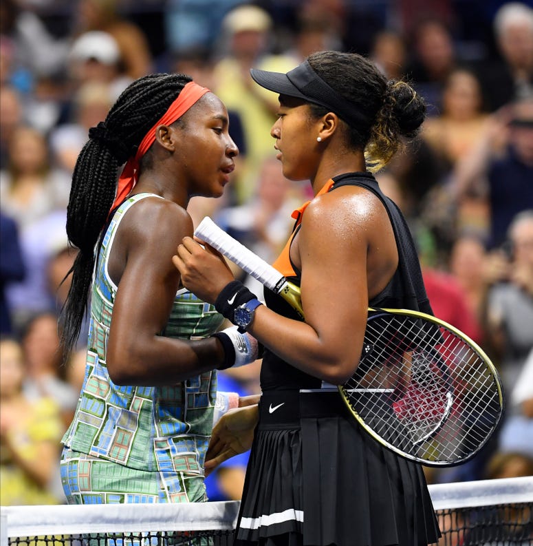 Aug 31, 2019; Flushing, NY, USA; Naomi Osaka of Japan (right) greets Coco Gauff of the USA after their third round match on day six of the 2019 U.S. Open tennis tournament at USTA Billie Jean King National Tennis Center. Credit: Robert Deutsch-USA Today