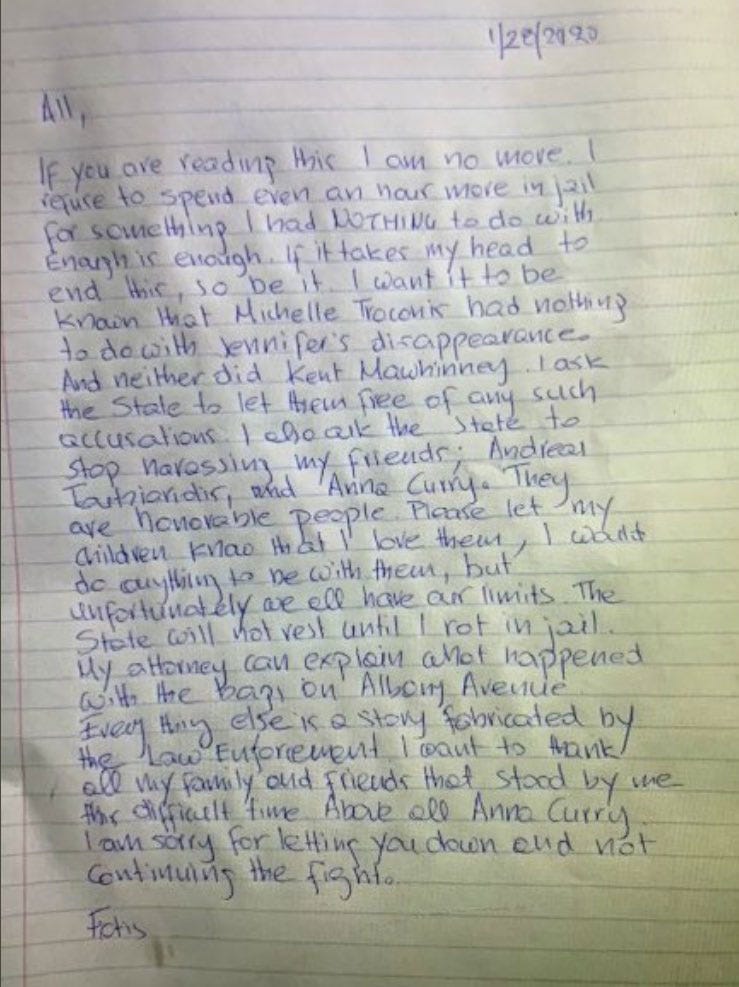 The note. Fotis Dulos suicide note