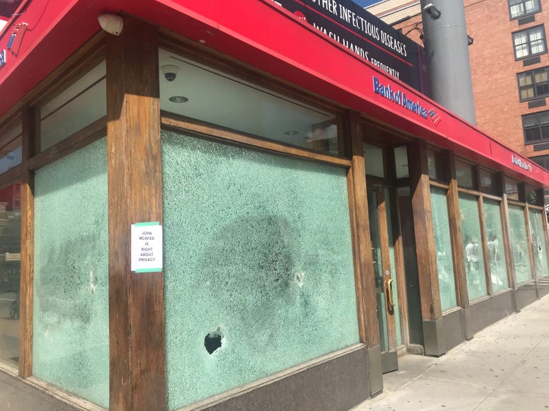 A bank that was vandalized. A bank that was vandalized