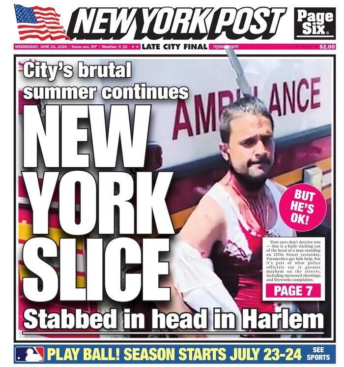 The New York Post featured a still from the stabbing on its cover. Man stabbed in head East Harlem