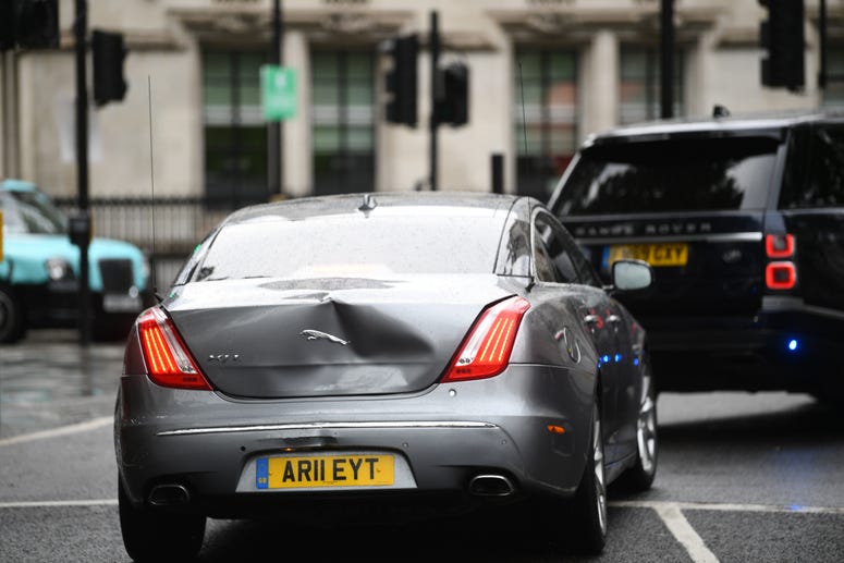 Damage to Prime Minister Boris Johnson's car after a man ran in front of it as he left the Houses of Parliament, Westminster. Boris Johnson car