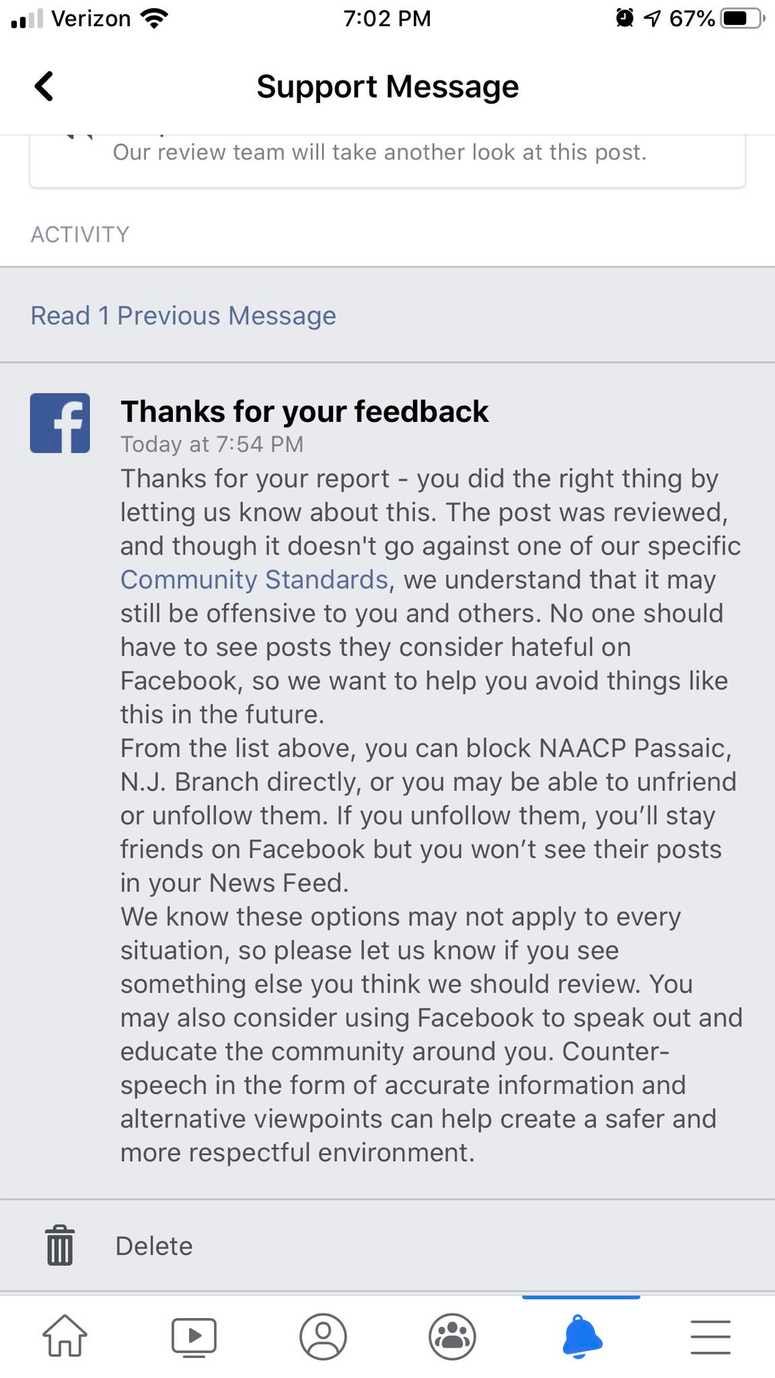 Facebook response