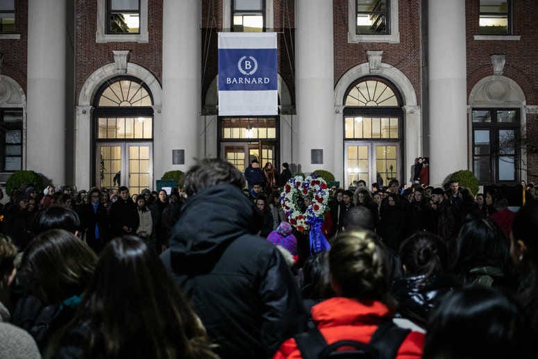 Students gather at the entrance of Barnard College during a vigil held for Tessa Majors on December 12, 2019 in New York City. Tessa Majors Barnard