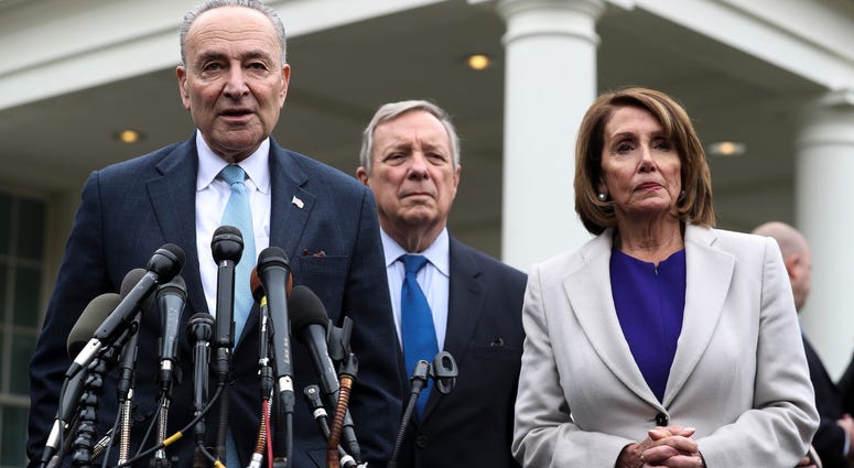 House Speaker Nancy Pelosi, right, D-CA, Senate Minority Leader Chuck Schumer, left, D-NY, and Senator Dick Durbin, D-IL, center, speak to the media outside the White House. Pelosi Schumer